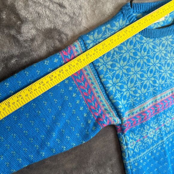 Stowe Woolens Large Pullover Geometric Sweater Crewneck Blue USA Hand Crafted - Picture 6 of 7